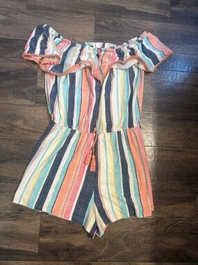 Derek Heart Off-Shoulder Striped One-Piece Romper - Coral, Navy & Mint